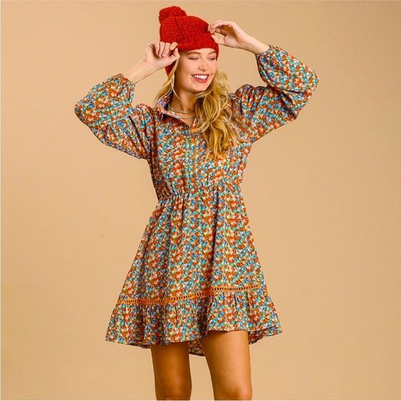 Brand New Umgee Floral Long-Sleeved Button Down Dress Crochet Trim Collared Mini - Picture 2 of 16